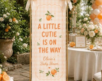 Personalized A Little Cutie Is On The Way Sign, Custom Orange Baby Shower Banner, Peach Gingham Backdrop, Personalized Baby Shower Decor