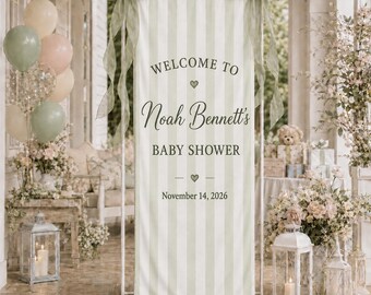 Personalized Baby Shower Banner, Sage Green Welcome Sign, Custom Baby Name Backdrop, Neutral Striped Baby Shower Decor