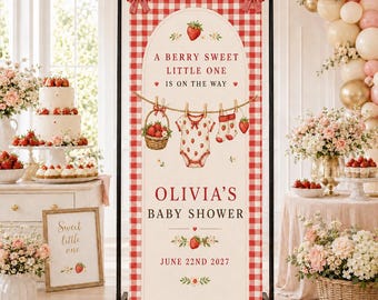 Personalized Strawberry Baby Shower Banner, Berry Sweet Little One Welcome Sign, Custom Baby Name Backdrop, Girl Shower Decor