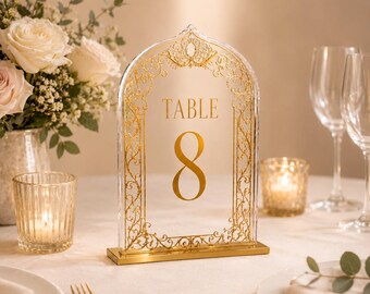 Acrylic Wedding Table Number Sign, Gold Arch Reception Table Decor, Elegant Arch Table Sign, Vintage Wedding Reception Decor