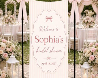 Personalized Bridal Shower Welcome Banner, Pink Bow Bride Sign, Custom Garden Party Backdrop, Elegant Floral Shower Decor
