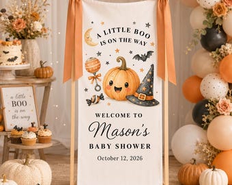 Banner personalizado para baby shower de Little Boo, letrero de bienvenida para baby shower de Halloween, fondo de calabaza para baby shower, decoración de fiesta de tela de otoño