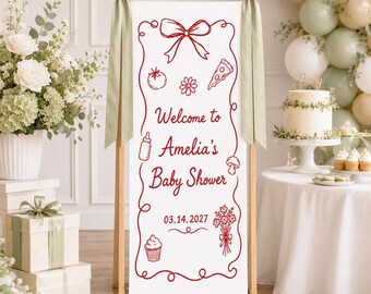 Personalized Baby Shower Banner, Custom Baby Name Welcome Sign, Red Bow Baby Shower Backdrop, Little Slice Garden Party Decor