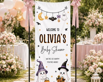 Halloween Baby Shower Banner, Personalized Ghost Baby Shower Welcome Sign, Spooky Cute Baby Shower Backdrop, Little Boo Party Decor