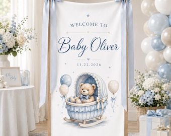 Personalized Baby Shower Banner, Teddy Bear Welcome Sign, Blue Baby Boy Shower Backdrop, Custom Fabric Banner Decor