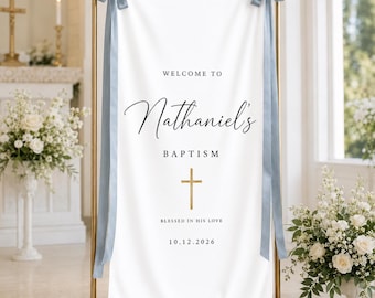Personalized Baptism Banner, Custom Christening Welcome Sign, God Bless Baby Backdrop, Church Ceremony Decor