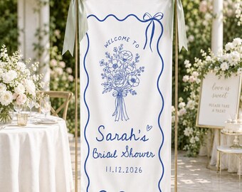 Personalized Bridal Shower Banner, Blue Floral Welcome Sign, Linen Bridal Backdrop, Hand Drawn Garden Party Decor