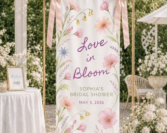 Love in Bloom Bridal Shower Sign, Personalized Linen Banner, Floral Bridal Shower Backdrop, Garden Party Bridal Shower Decor