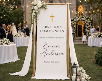 First Holy Communion Welcome Sign Personalized Name Banner, Custom Event Backdrop, Outdoor Party Decor, Elegant Floral Celebration Sign