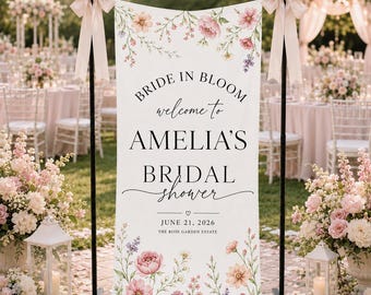 Bride In Bloom Bridal Shower Banner, Personalized Floral Garden Welcome Sign, Custom Bride Name Backdrop, Elegant Shower Decor