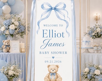 Personalized Blue Baby Shower Banner, Teddy Bear Welcome Sign, Custom Baby Boy Shower Backdrop, Elegant Bow Baby Decor
