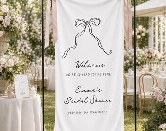 Bridal Shower Welcome Sign, Personalized Linen Banner, Bow Bridal Shower Backdrop, Minimalist Bridal Shower Decor, Garden Party Sign