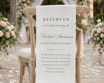 May include: A white fabric sign draped over a light wood cross-back chair. The sign features black text reading: RESERVED in loving memory of Michael Anderson, BELOVED FATHER OF THE BRIDE, followed by a poem about memory and love.