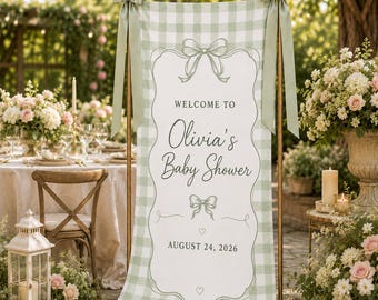 Personalized Sage Green Baby Shower Welcome Banner, Custom Gingham Fabric Backdrop, Elegant Baby Girl Party Decor
