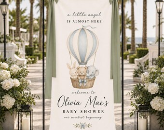 Personalized Baby Shower Welcome Banner, Hot Air Balloon Baby Shower Sign, Custom Baby Name Fabric Backdrop, Angel Baby Shower Decor