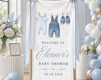 Personalized Baby Shower Banner, Blue Baby Boy Welcome Sign, Baby Clothesline Fabric Backdrop, Custom Shower Decor