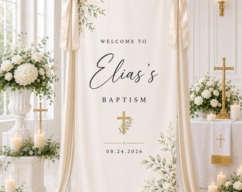 Pancarta de bautizo personalizada, cartel de bienvenida para bautizo de bebé personalizado, elegante telón de fondo floral para bautizo, decoración neutra para ceremonia religiosa.
