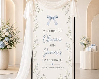 Personalized Twin Baby Shower Welcome Sign, Floral Baby Shower Banner, Blue Bow Backdrop, Custom Names Party Decor