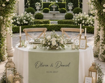 Personalized Wedding Table Runner, Custom Couple Names and Date Decor, Sage Green Wedding Reception Table Runner, Sweetheart Table Decor