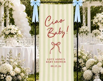 Ciao Baby Shower Banner, Personalized Baby Shower Welcome Sign, Italian Theme Baby Shower Backdrop, Green Stripe Party Decor