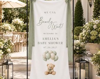 Personalized Baby Shower Welcome Banner, Teddy Bear Balloon Baby Shower Sign, Sage Green Linen Backdrop, We Can Bearly Wait Banner