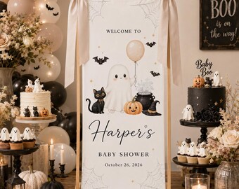 Pancarta personalizada para baby shower de Halloween, letrero de bienvenida "Little Boo", fondo para baby shower de calabaza fantasma, decoración de fiesta de tela otoñal