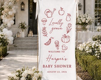Locally Grown Baby Shower Banner, Personalized Welcome Sign, Cherry Red Garden Baby Shower Backdrop, Farmer Market Baby Decor