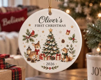 Personalized First Christmas Ornament, Custom Name Ceramic Ornament, Baby First Christmas Keepsake, Woodland Christmas Gift 2026