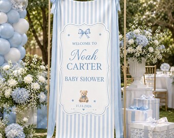 Banner personalizado azul para baby shower, letrero de bienvenida de osito de peluche, fondo para baby shower de niño, decoración de fiesta de tela a rayas, banner personalizado para bebé.