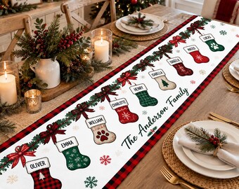 Personalized Christmas Table Runner, Custom Family Name Holiday Table Decor, Christmas Stocking Table Runner, Rustic Xmas Dining Decor