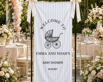 Vintage Pram Baby Shower Banner, Personalized Baby Shower Welcome Sign, Blue Stripe Baby Shower Backdrop, Twin Baby Party Decor