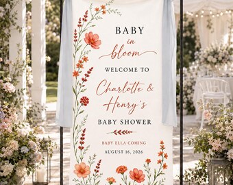 Personalized Baby Shower Welcome Banner, Baby in Bloom Floral Backdrop, Custom Girl Baby Shower Sign, Garden Party Tapestry Decor