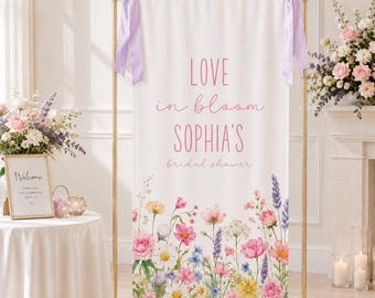 Love in Bloom Bridal Shower Sign, Personalized Linen Banner, Floral Bridal Shower Backdrop, Garden Party Bridal Shower Decor