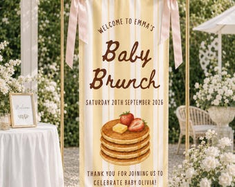 Baby Brunch Welcome Sign, Personalized Baby Shower Banner, Pancake Baby Shower Backdrop, Yellow Striped Linen Party Decor