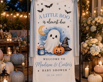Pancarta personalizada para baby shower de Halloween, letrero "Un pequeño fantasma está a punto de nacer", telón de fondo de tela con nombre de bebé personalizado, decoración para baby shower de fantasma azul