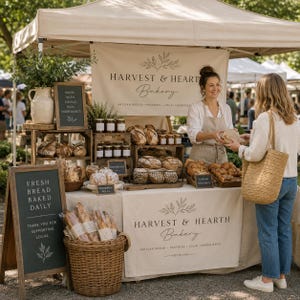 Puede incluir: Un puesto de panadería llamado Harvest & Hearth Bakery con toldo beige, una mesa con pan artesanal, pasteles y frascos, y un letrero que dice Fresh Bread Baked Daily. Una persona con delantal atiende a una clienta.