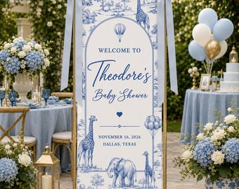 Personalized Safari Baby Shower Welcome Banner, Blue Toile Baby Boy Fabric Backdrop, Custom Giraffe Elephant Party Decor