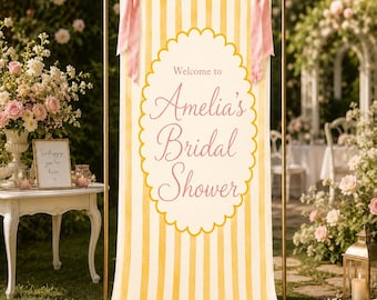 Personalized Bridal Shower Welcome Banner, Coquette Bow Tapestry, Pink Yellow Stripe Fabric Backdrop, Custom Bride Party Decor