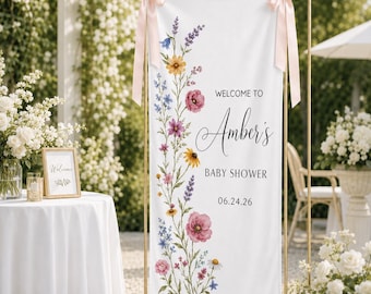 Wildflower Baby Shower Welcome Sign, Personalized Linen Banner, Floral Baby Shower Backdrop, Garden Party Baby Shower Decor