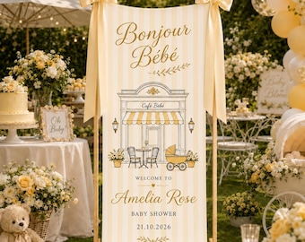 Personalized Bonjour Bebe Baby Shower Banner, Custom French Cafe Baby Welcome Sign, Yellow Garden Party Backdrop