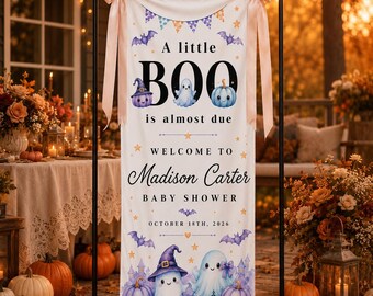 Banner personalizado para baby shower de Little Boo, letrero de bienvenida de Halloween con fantasma y calabaza, fondo personalizado para baby shower de otoño espeluznante.