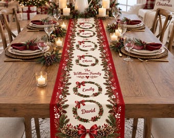 Personalized Christmas Table Runner, Custom Family Name Holiday Runner, Christmas Wreath Table Decor, Family Dinner Table Runner