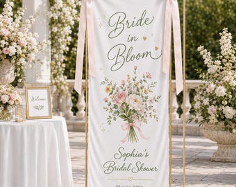 Bride in Bloom Bridal Shower Sign, Personalized Linen Banner, Floral Bridal Shower Backdrop, Garden Party Bridal Shower Decor