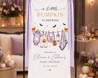 Banner personalizado para baby shower de Halloween, letrero "Se está preparando una calabaza", telón de fondo de tela con el nombre del bebé personalizado, decoración para baby shower de octubre.