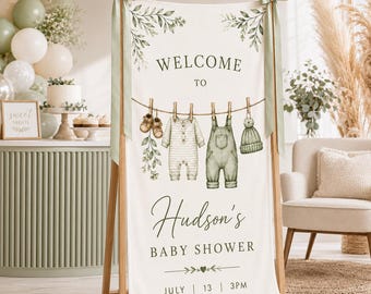 Personalized Baby Shower Banner, Sage Green Baby Boy Welcome Sign, Baby Clothesline Fabric Backdrop, Custom Shower Decor