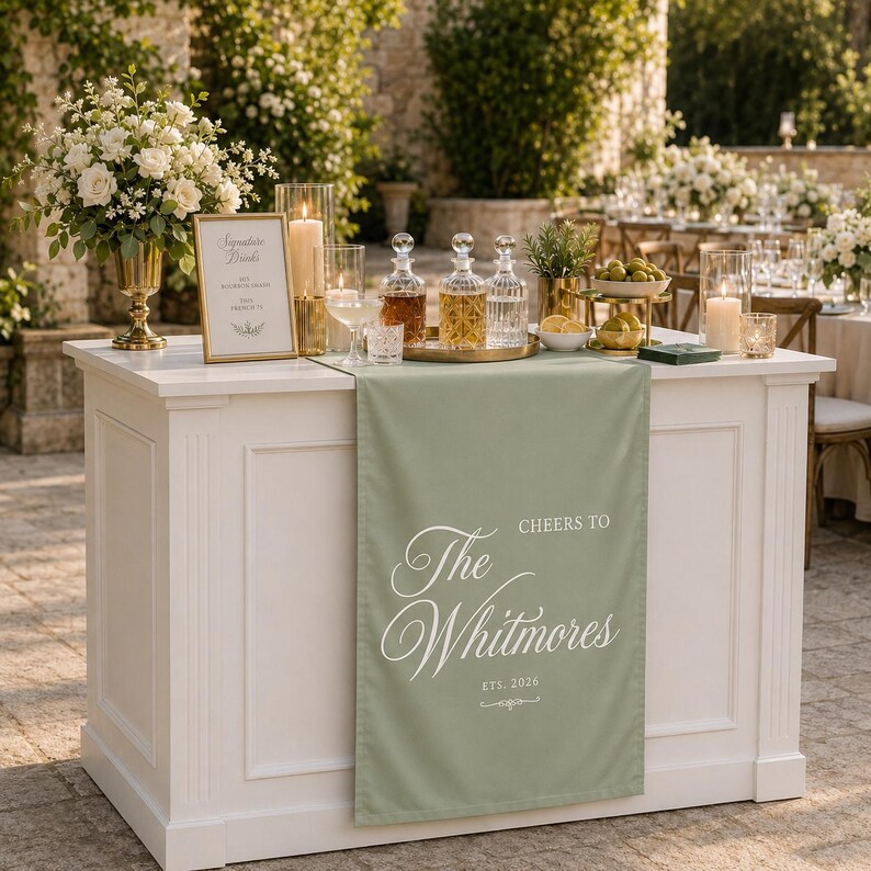 May include: A sage green table runner draped over a white bar, featuring white printed text that reads "CHEERS TO The Whitmores EST. 2026" in a decorative script font. The runner is positioned beneath three glass decanters and a framed sign.