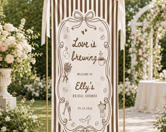 Love Is Brewing Bridal Shower Sign, Coffee Bridal Shower Banner, Personalized Linen Backdrop, Brown Striped Wedding Shower Decor
