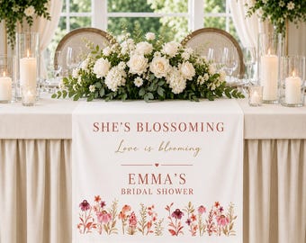 She’s Blossoming Bridal Shower Banner, Floral Table Runner Sign, Custom Bridal Shower Decor, Garden Party Backdrop, Printable Fabric Banner