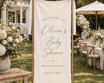 Personalized Baby Shower Welcome Banner, Custom Name Fabric Sign, Neutral Garden Baby Shower Decor, Elegant Shower Entrance Sign
