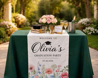 Personalized Graduation Table Runner, Class of 2026 Party Decor, Custom Name Banner, Floral Graduation Table Decoration